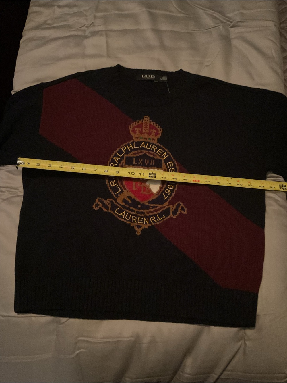 Ralph Lauren Navy Crewneck Sweater with Burgundy Diagonal Stripe & Crest - Picture 7 of 13